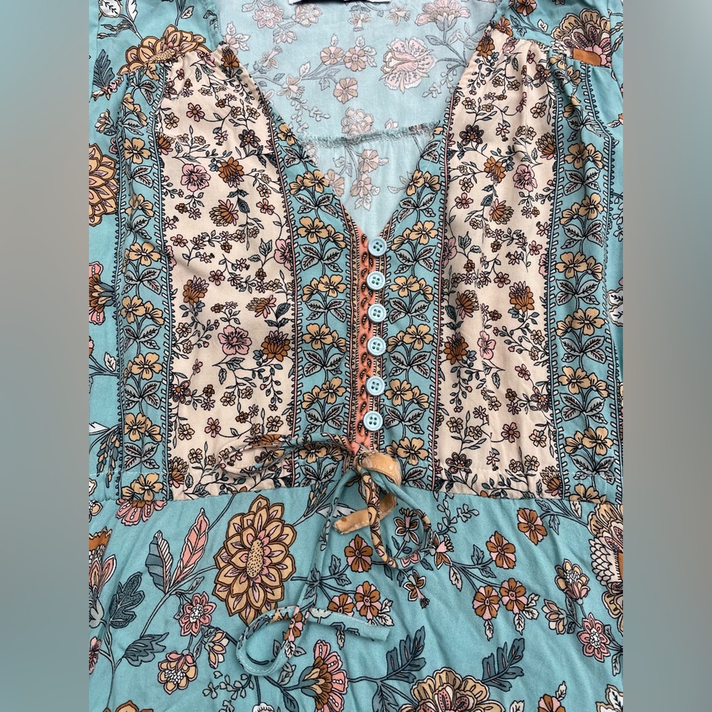 Floral Print Petal Sleeve Ruffle Hem Teal and Cream Dress - Picture 7 of 10
